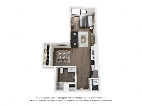 A 3D floor plan of a small apartment with a kitchen, living room, and bathroom.